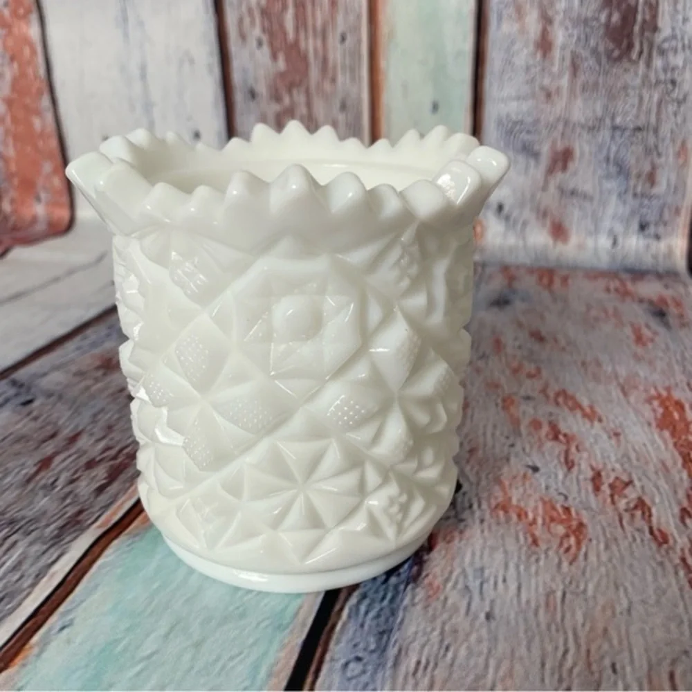 Vintage White Milk Glass Toothpick Holder Daisy and Button Sawtooth Rim 4in